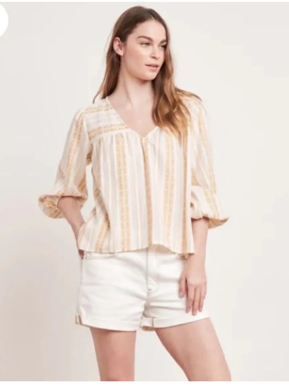 Velvet by Graham & Spencer Cream and Yellow Striped V-Neck Blouse